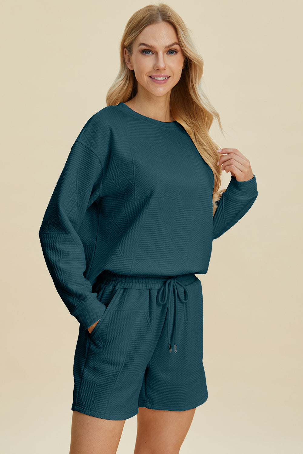 Size Small Blue Textured Long Sleeve Top and Shorts Set