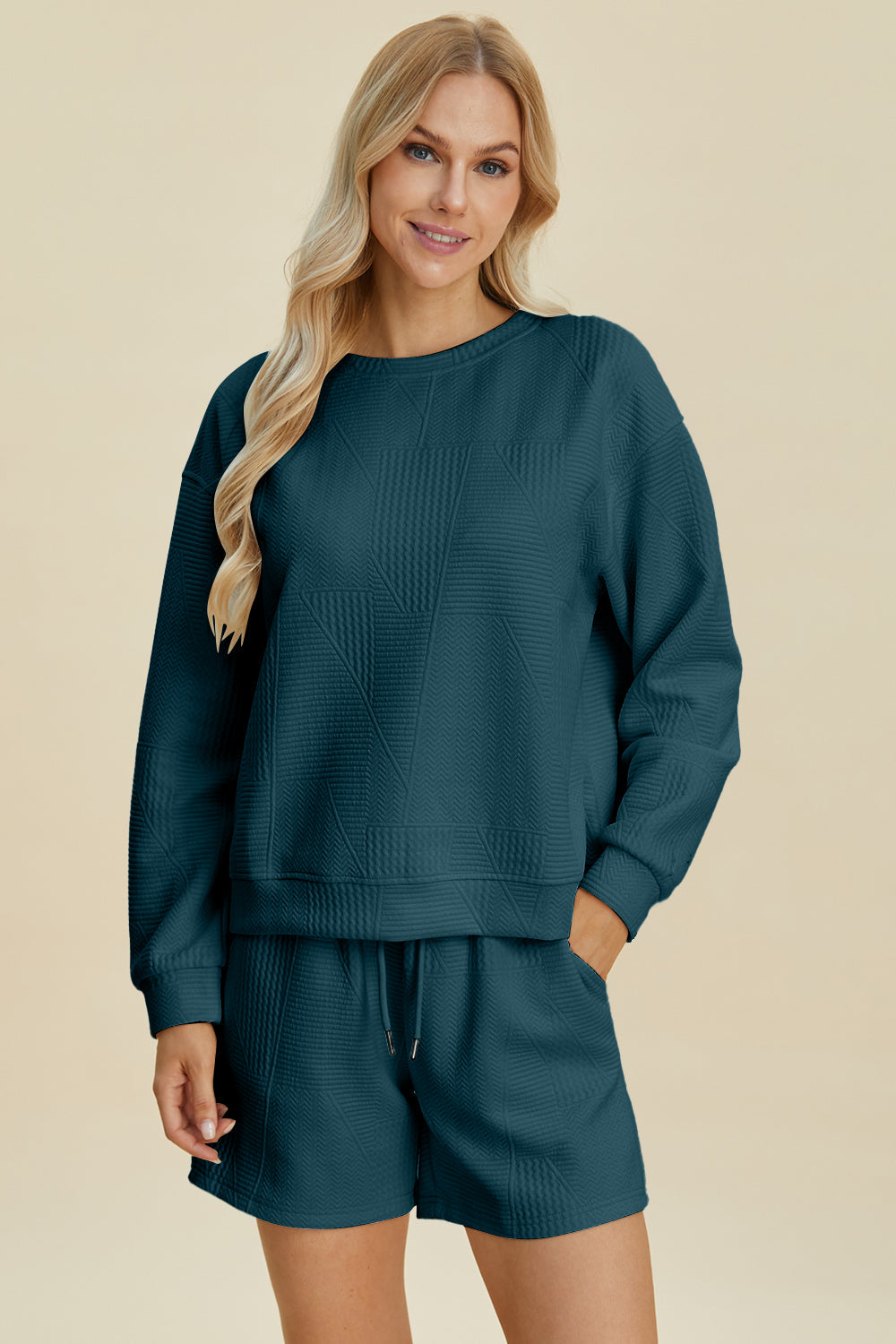 Size Small Blue Textured Long Sleeve Top and Shorts Set