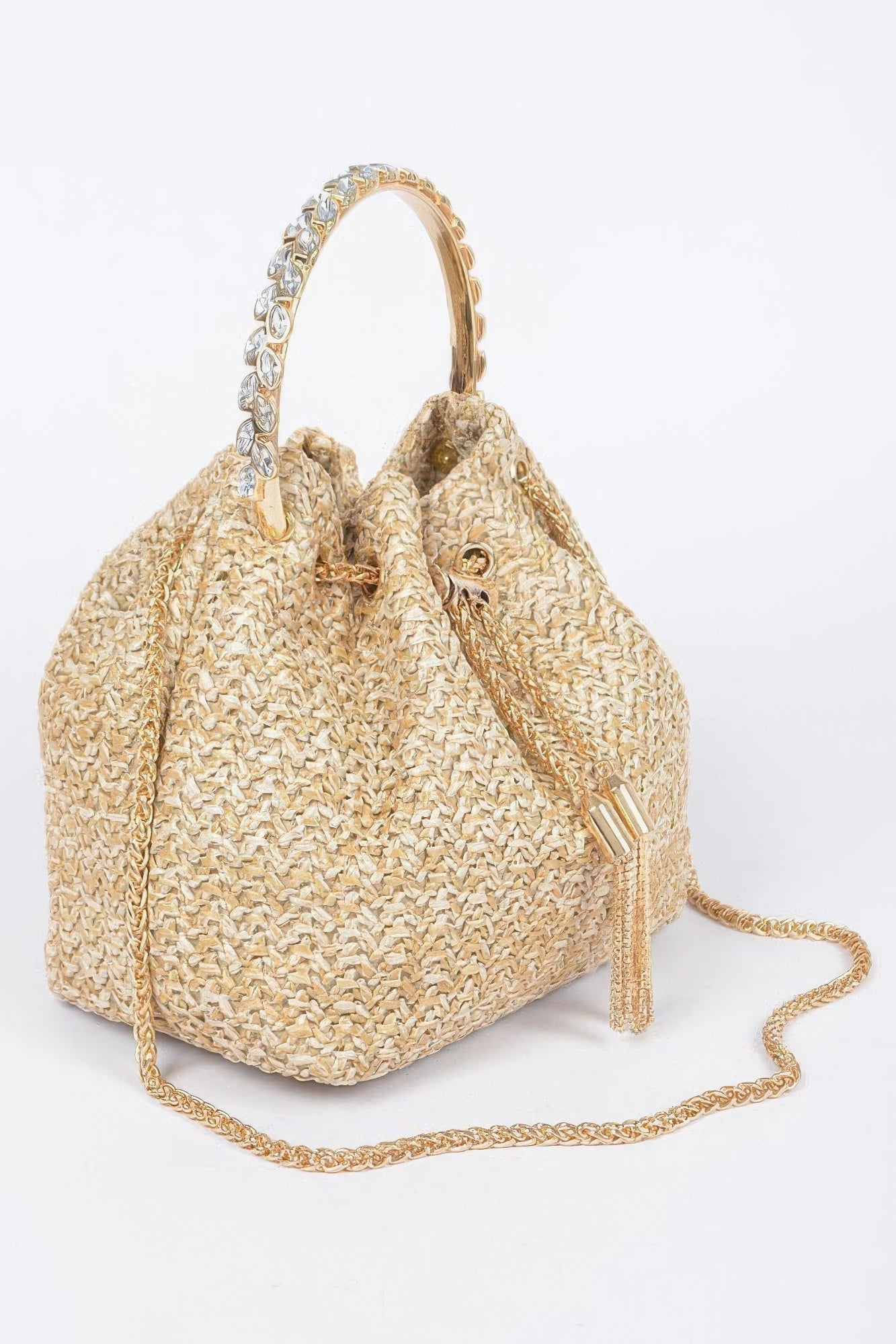 Faux Straw Bucket Bag W/stone Handle