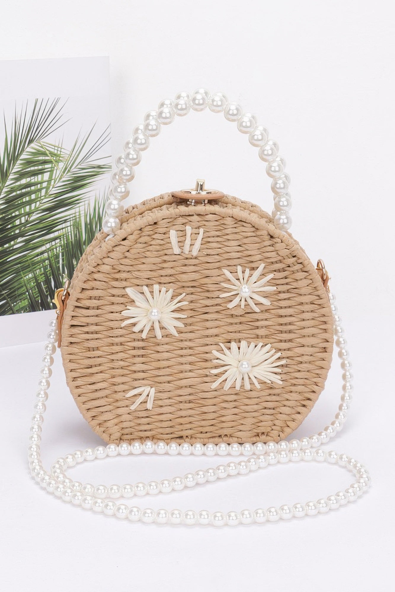 Faux Straw Handmade Clutch W/pearl Handle