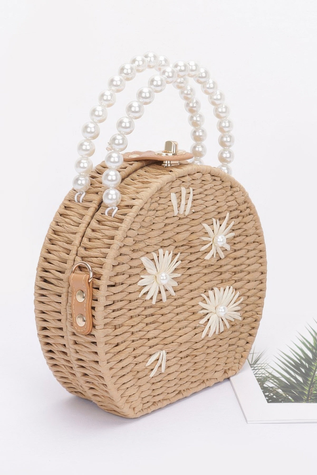 Faux Straw Handmade Clutch W/pearl Handle