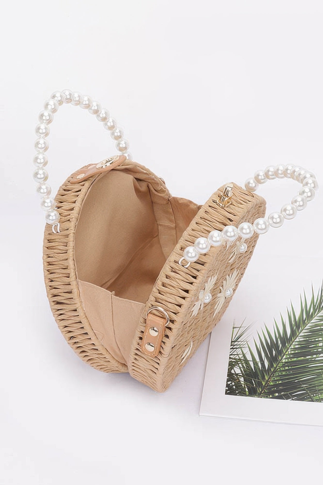 Faux Straw Handmade Clutch W/pearl Handle