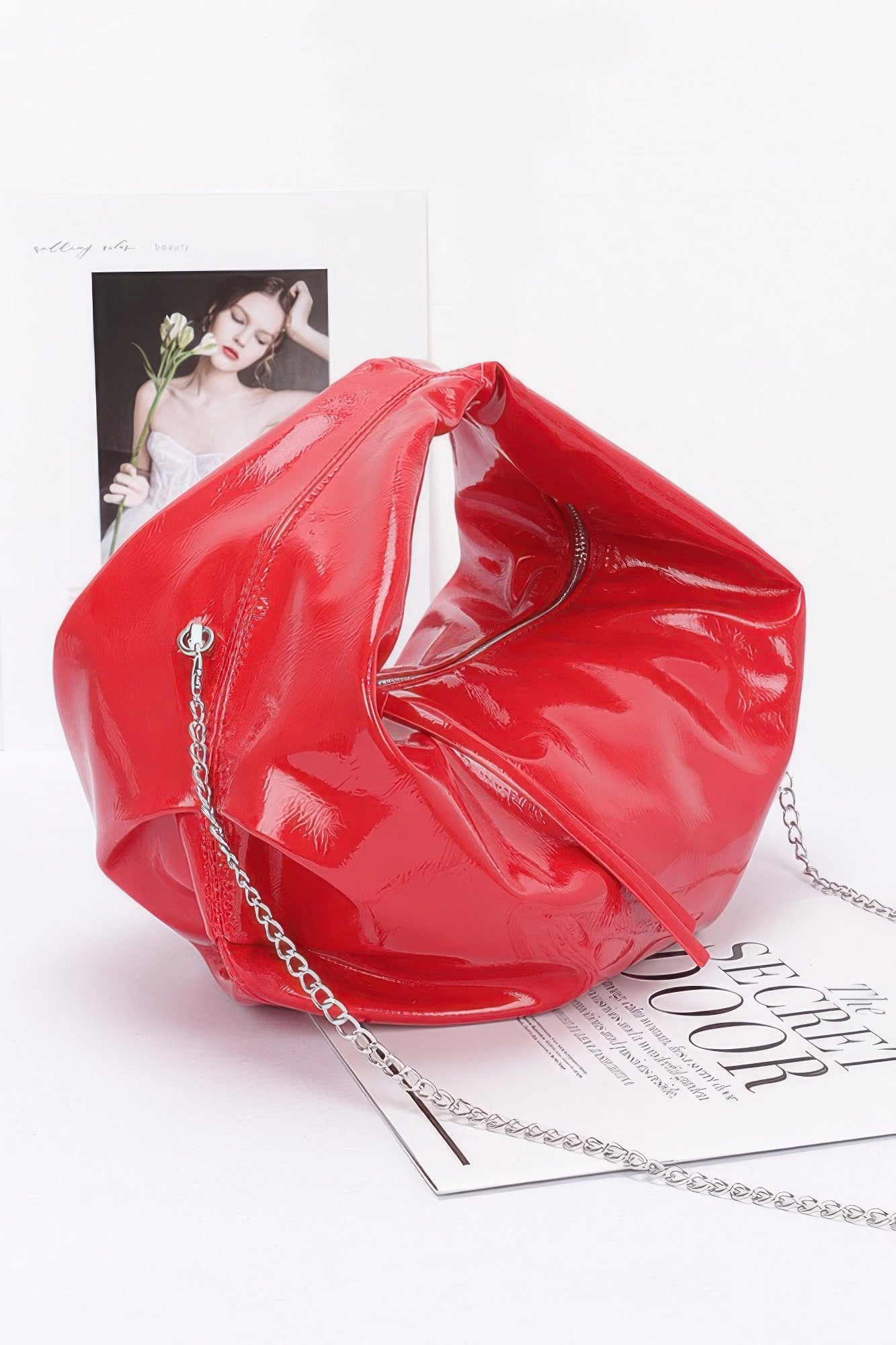 Red Patent Faux Leather Hobo Bag