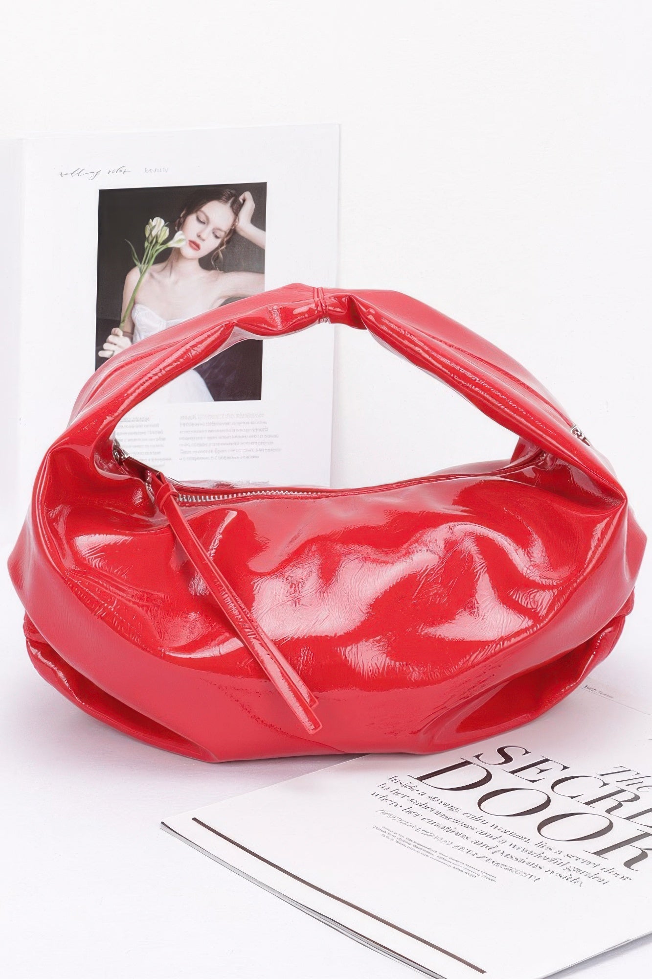 Red Patent Faux Leather Hobo Bag