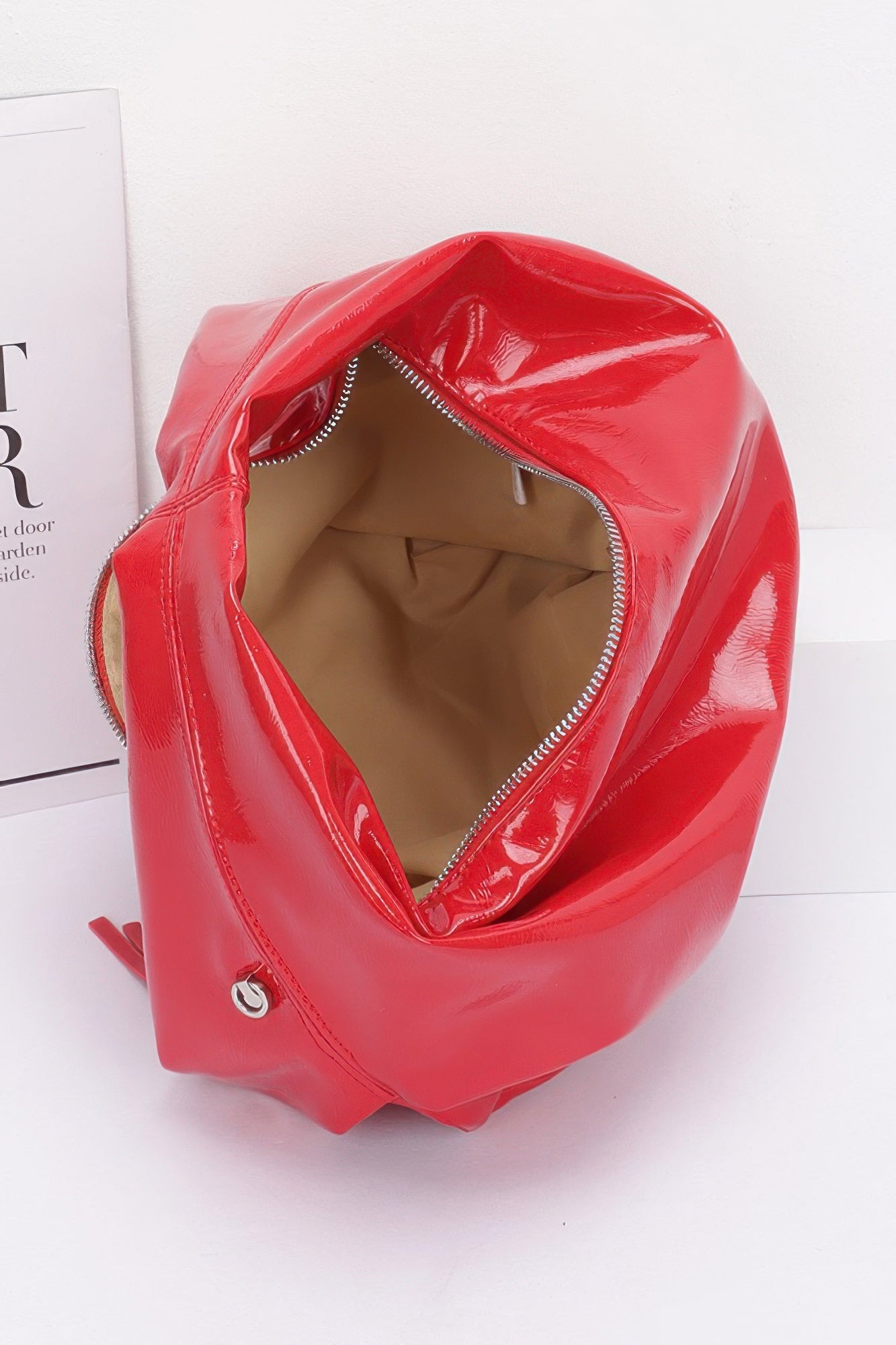 Red Patent Faux Leather Hobo Bag