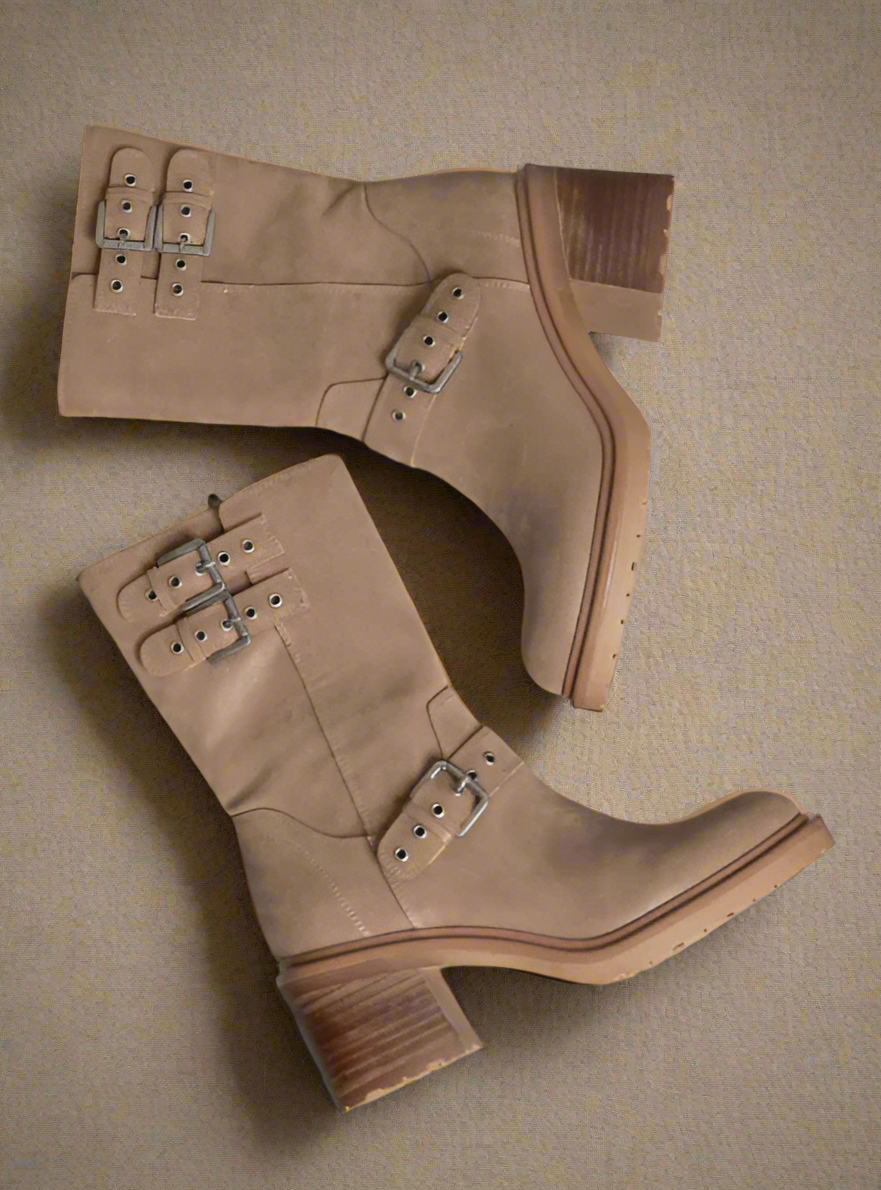 Oasis Society Rider Block Heel Boots with Buckles, Taupe
