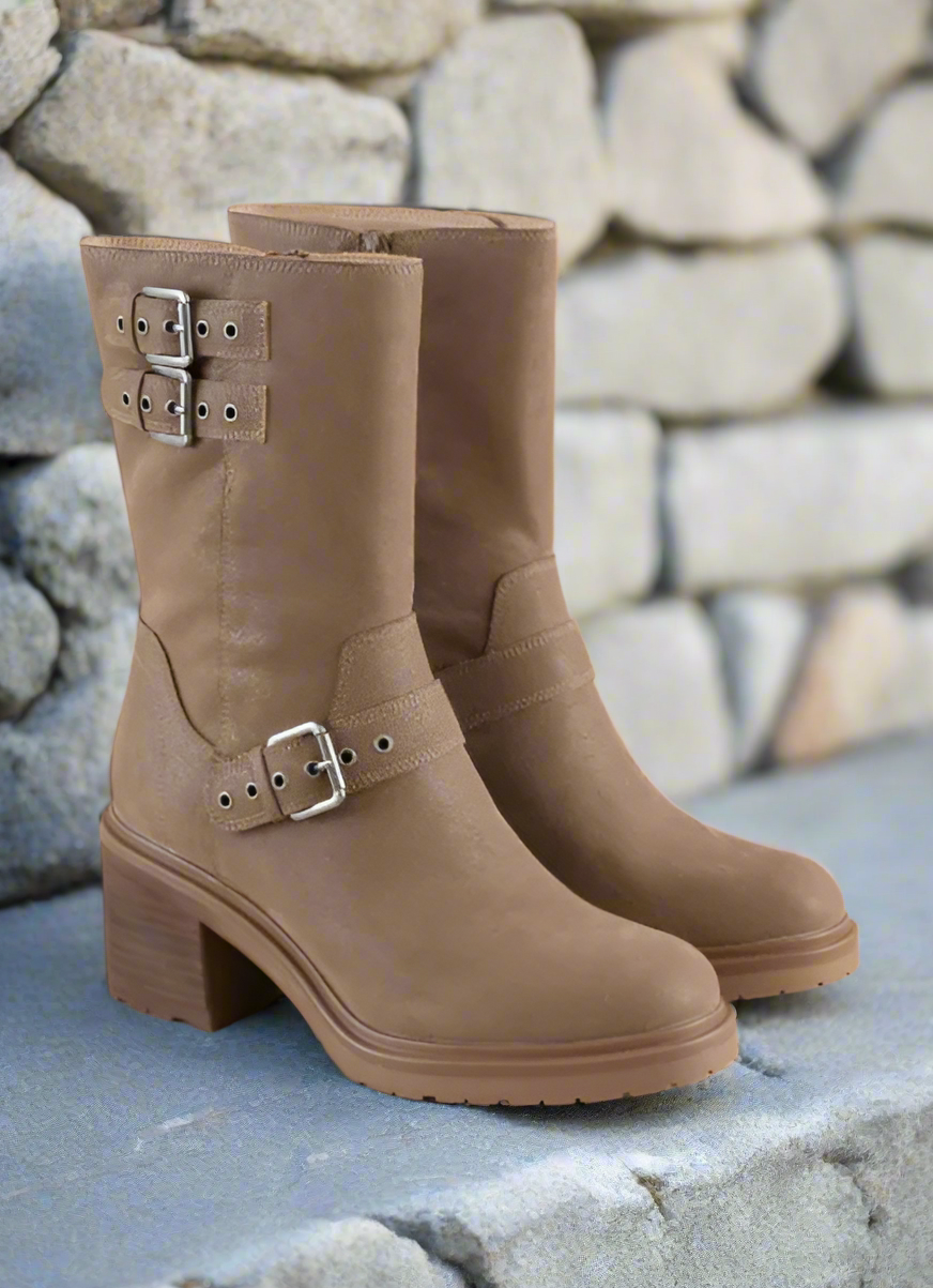 Oasis Society Rider Block Heel Boots with Buckles, Taupe