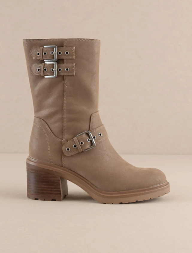 Oasis Society Rider Block Heel Boots with Buckles, Taupe