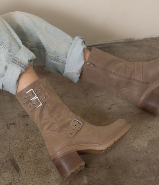 Oasis Society Rider Block Heel Boots with Buckles, Taupe