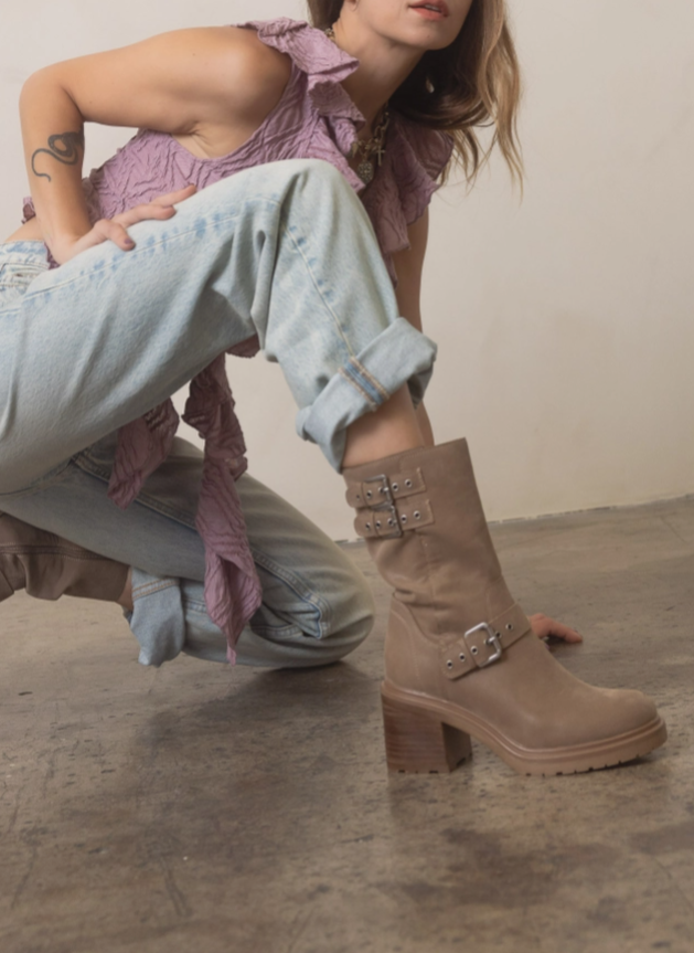Oasis Society Rider Block Heel Boots with Buckles, Taupe