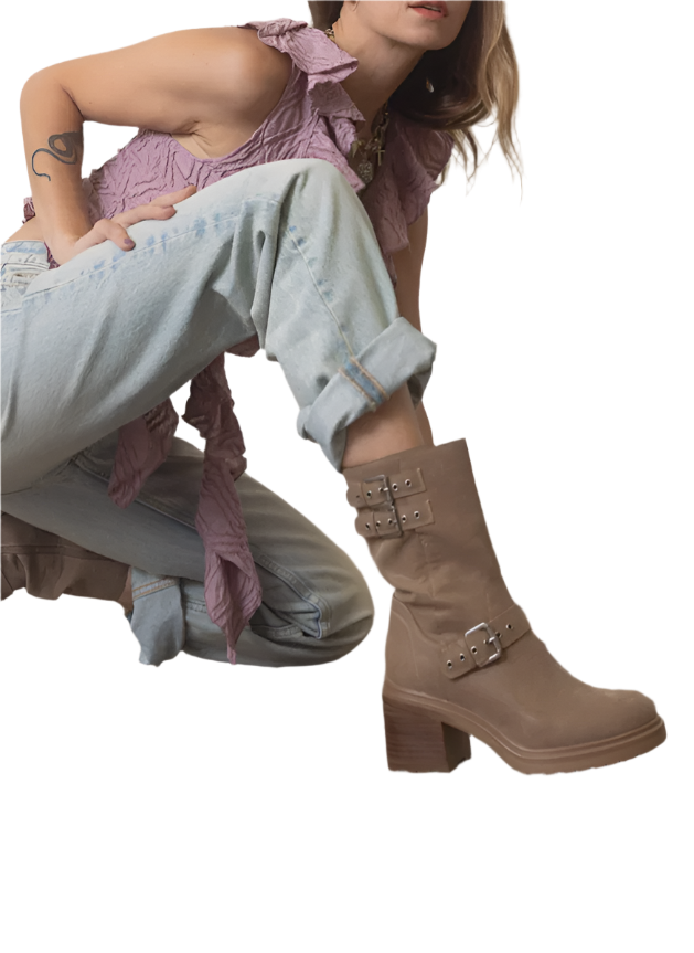 Oasis Society Rider Block Heel Boots with Buckles, Taupe