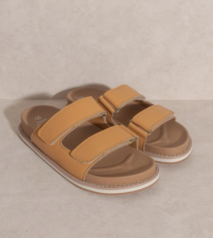 Tan Double Adjustable Strap Slide Summer Beach Sandals