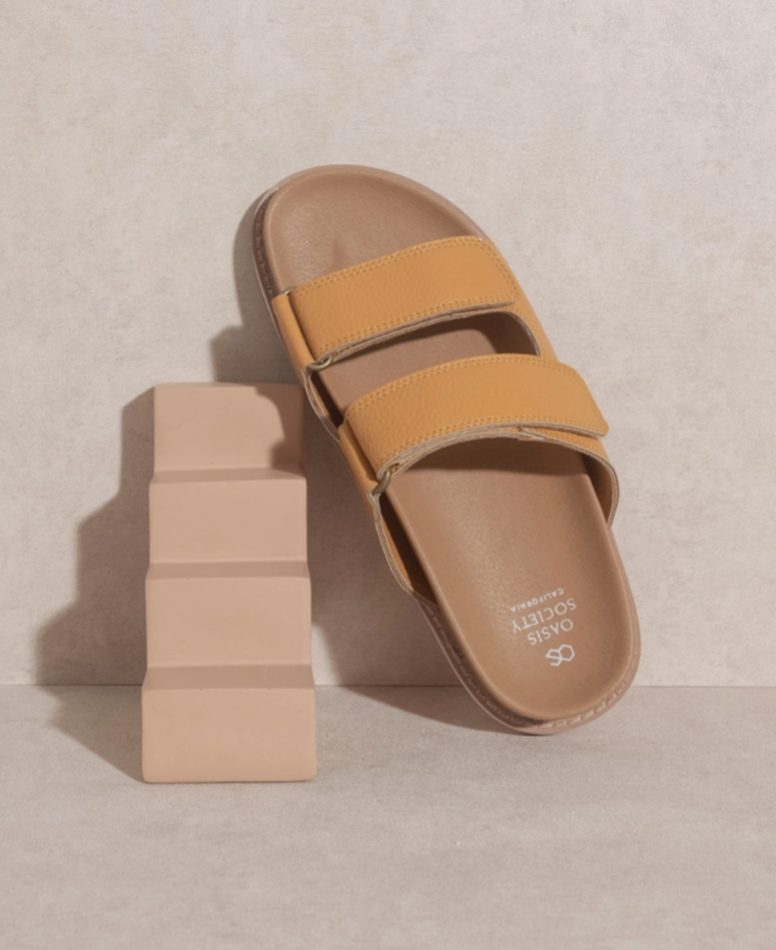 Tan Double Adjustable Strap Slide Summer Beach Sandals