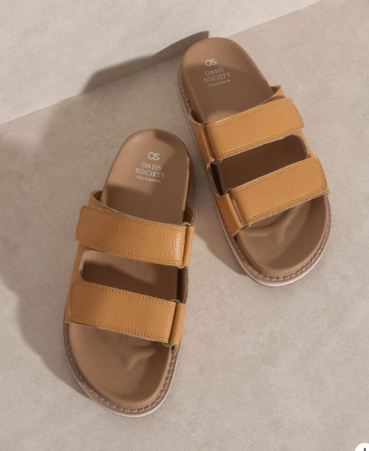 Tan Double Adjustable Strap Slide Summer Beach Sandals