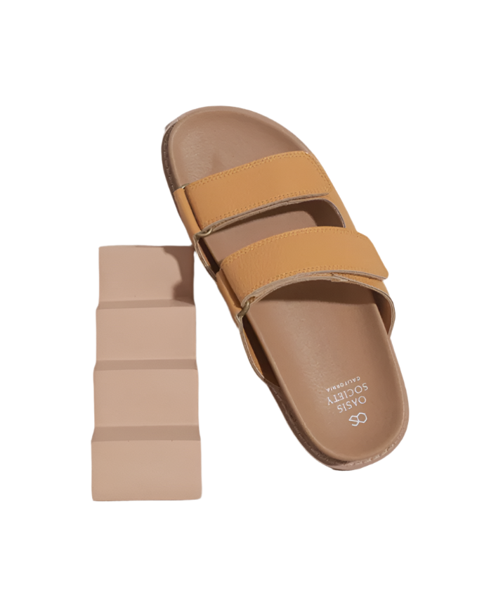 Tan Double Adjustable Strap Slide Summer Beach Sandals