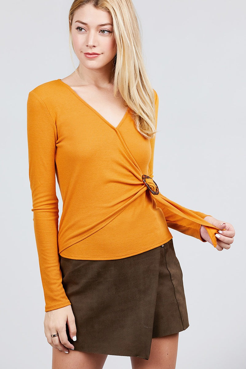 Orange Color V-neck Ribbed Knit Top With Buckle On Side