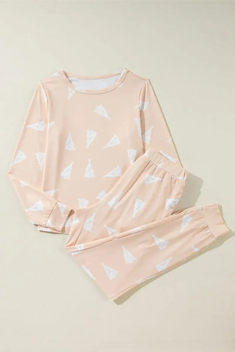 Pants Love Salve  Apricot Christmas Tree Print Loose Fit Two Piece