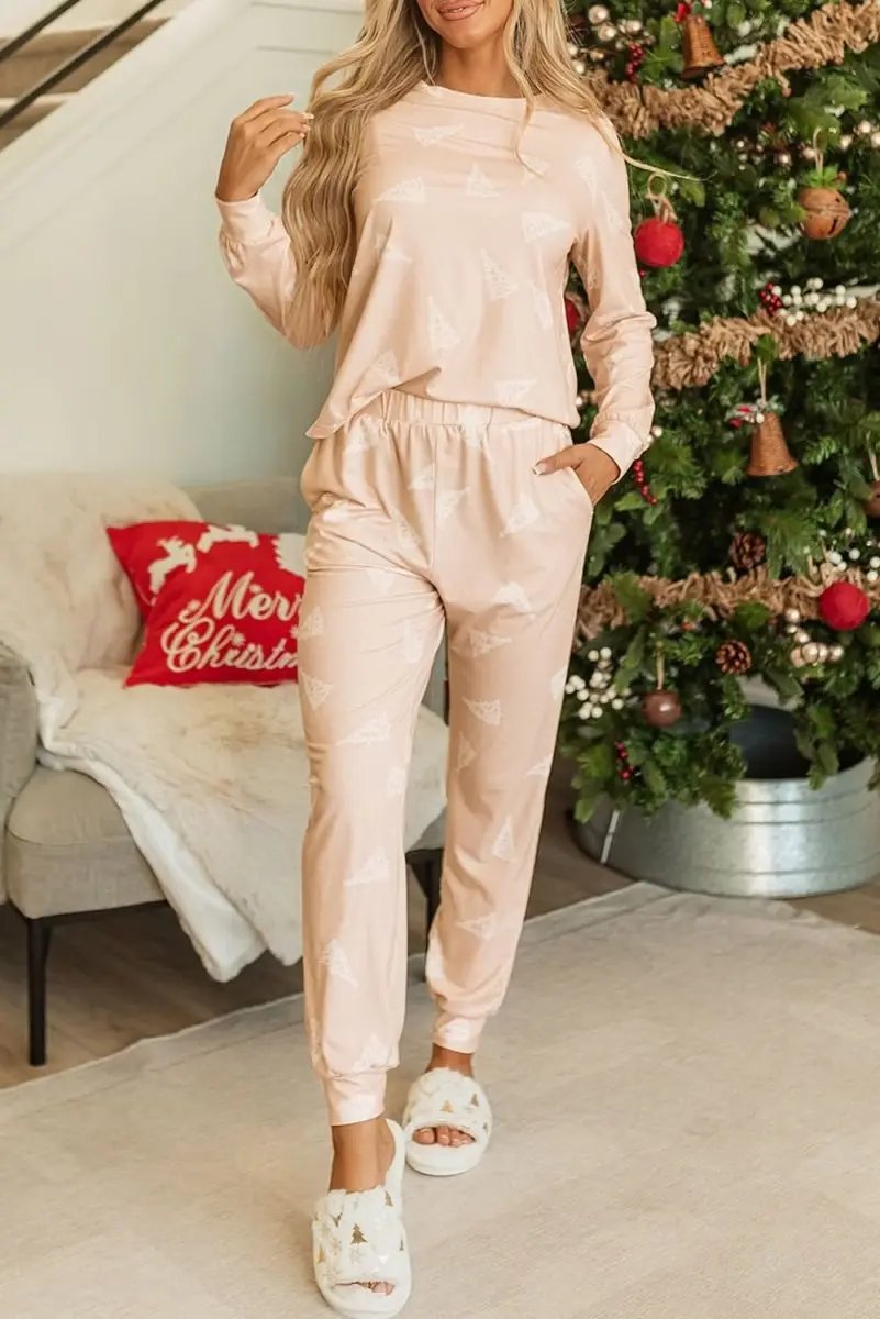 Pants Love Salve  Apricot Christmas Tree Print Loose Fit Two Piece