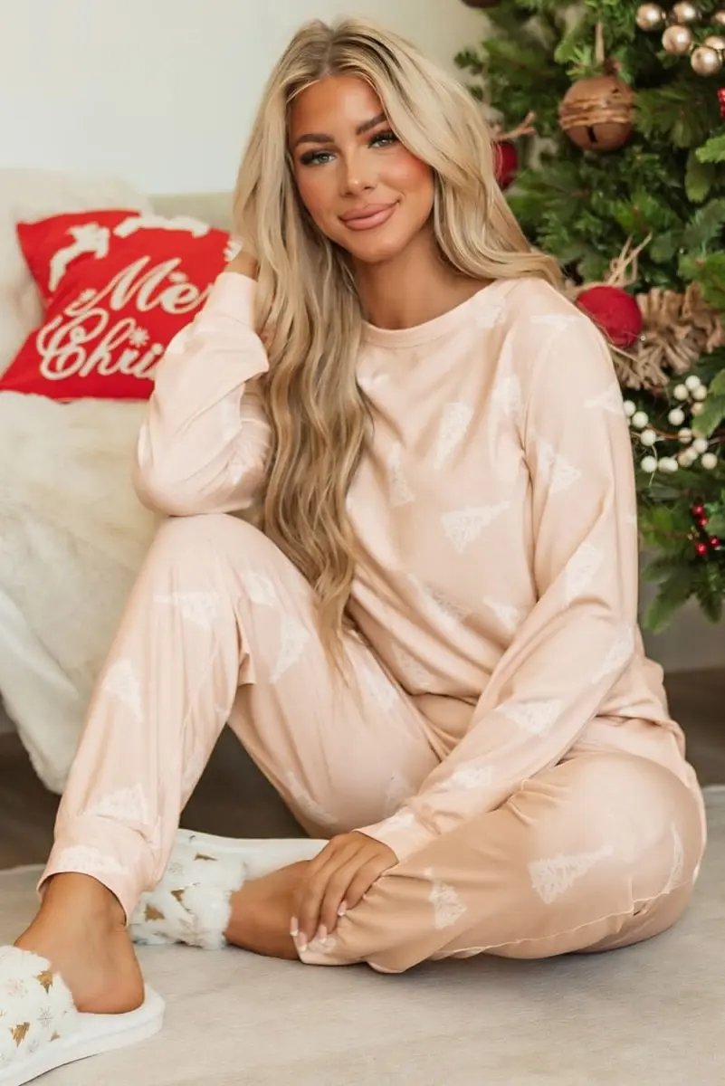 Pants Love Salve  Apricot Christmas Tree Print Loose Fit Two Piece