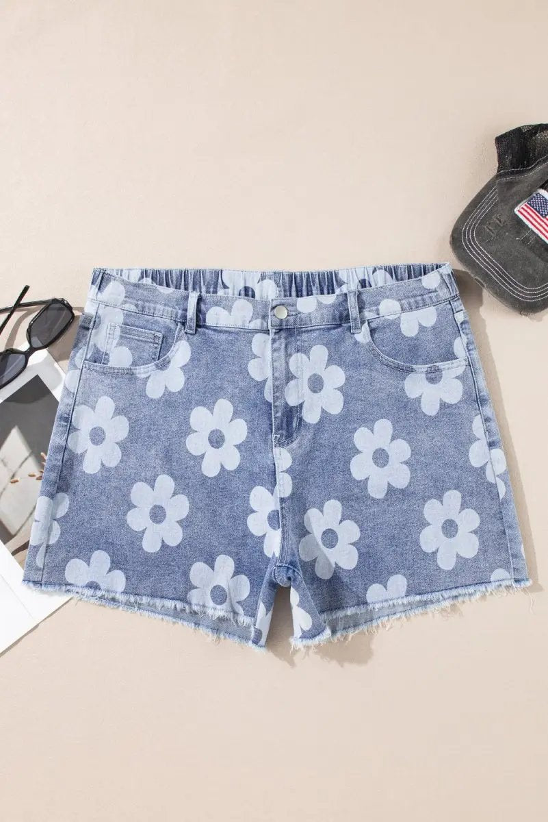 Shorts Love Salve  Ashleigh Blue Floral Pattern High Waist Raw Hem