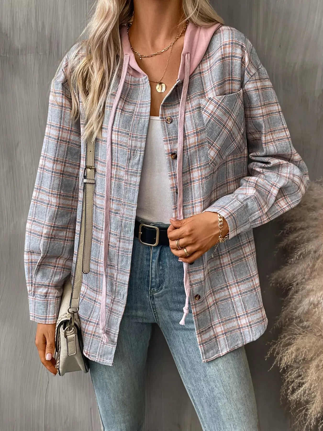 Plaid Button-Up Oversized Hooded Shirt with Chest Pocket
