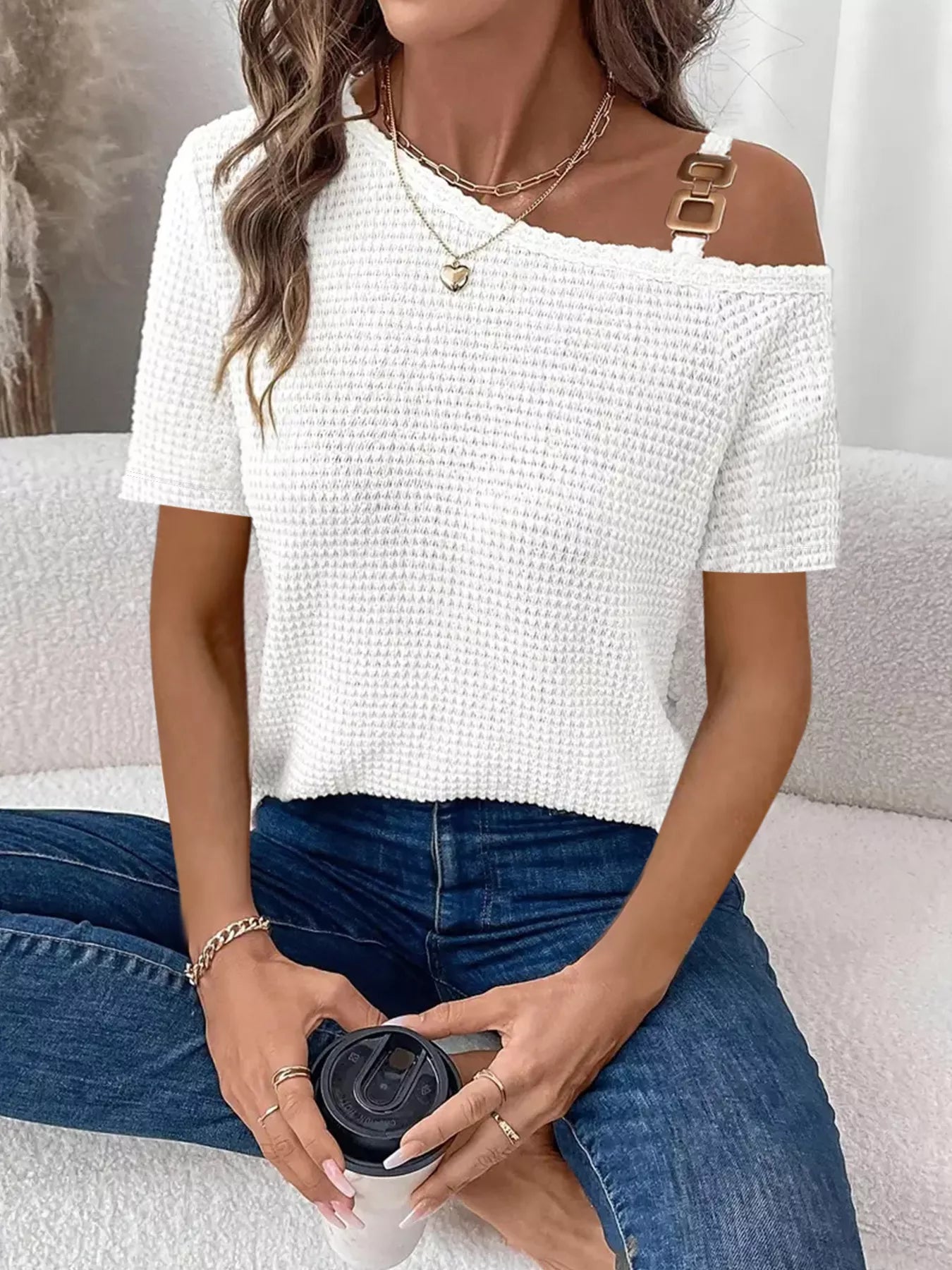 Chain Detail Waffle Knit One Shoulder T Shirt