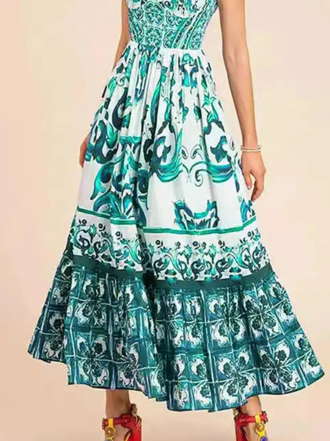 Smocked Blue Tile Print Wide Strap Midi Dress