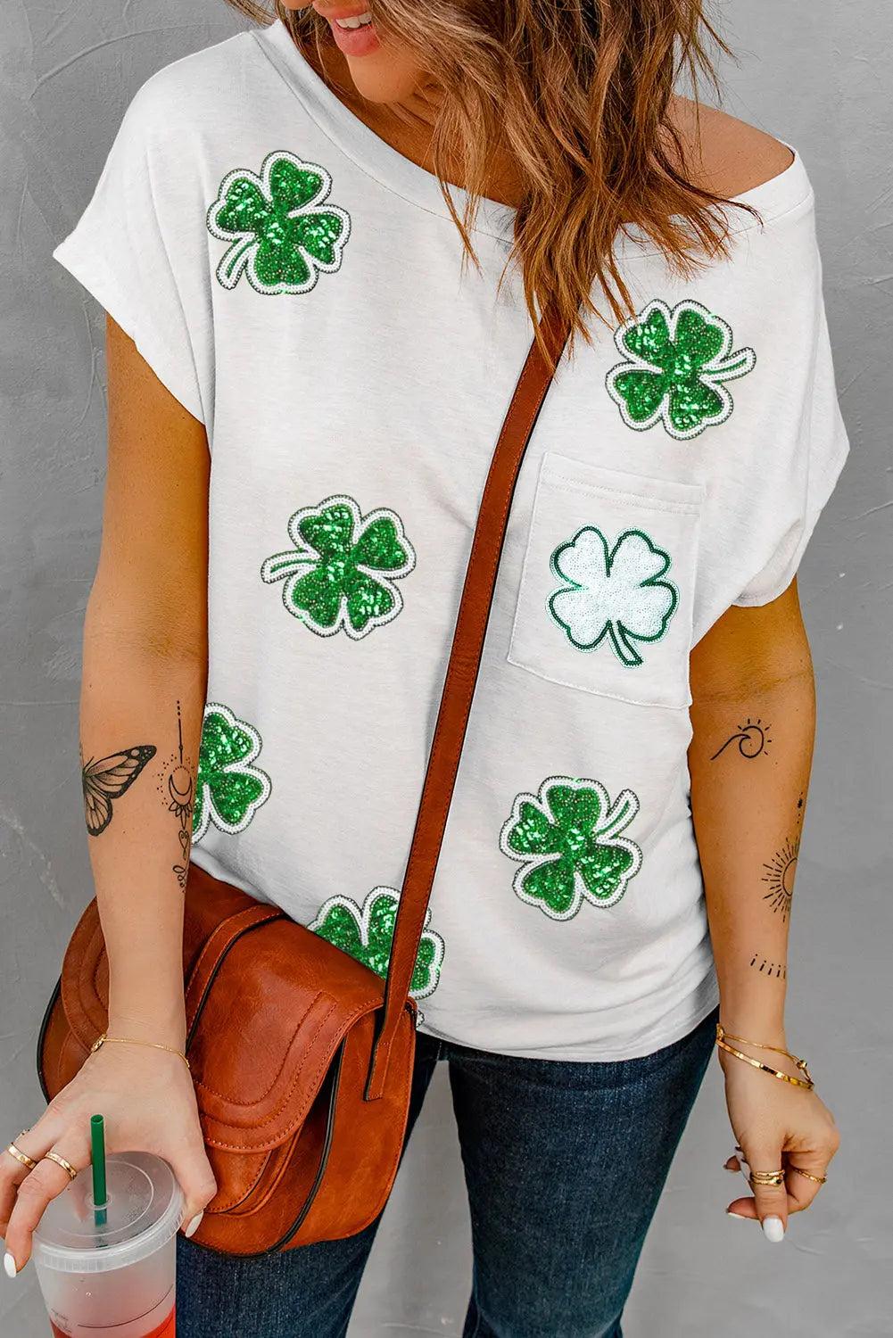 Sequin Lucky Clover Boat Neck T Shirt
