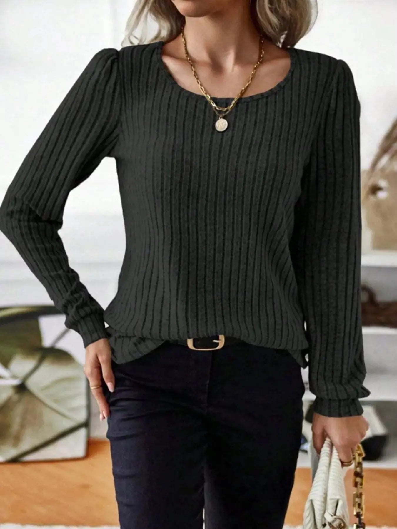 Ribbed Knit Long Sleeve T Shirt