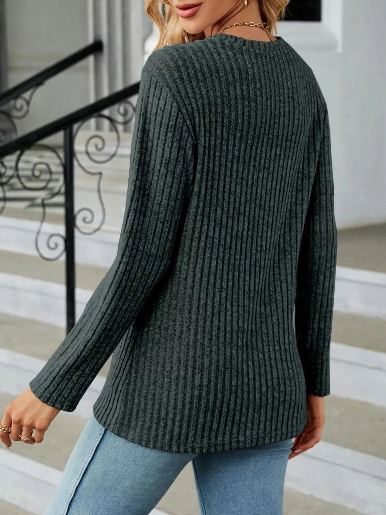 Decorative Button Ribbed Knit T Shirt