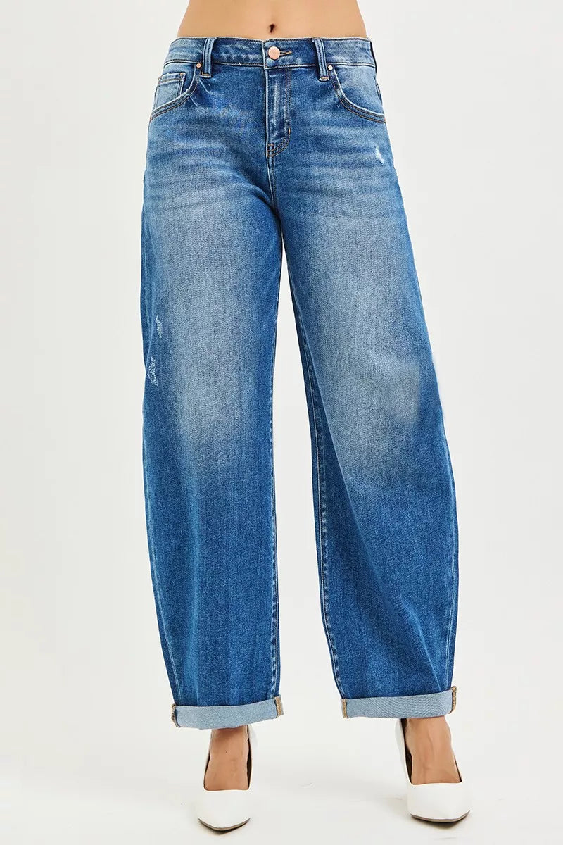 RISEN Jeans - Full Size Mid Rise Barrel Double Roll Up Jeans