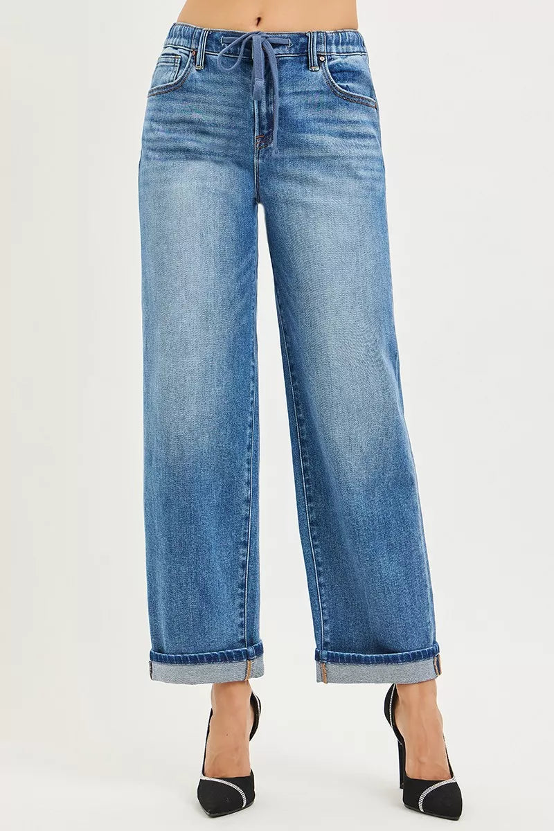 RISEN Jeans - Elastic Waist Slouchy Boyfriend Ankle Jeans with Cuffed Hem