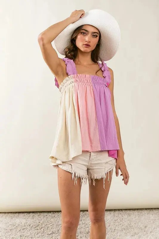 Tank Top Women's Top - Color Block Bodice & Frill Straps - Tank Cami