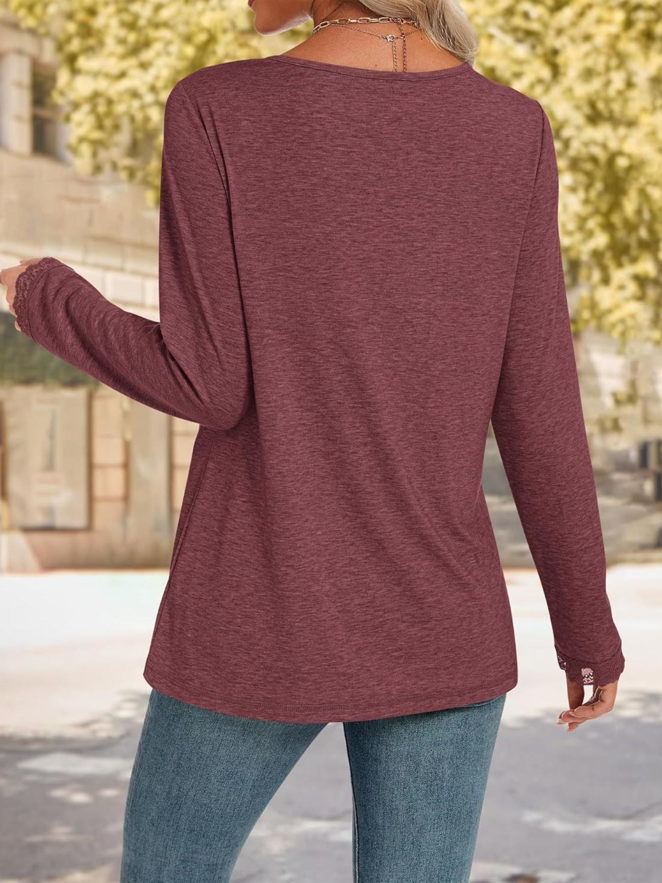 Women's Lace Trim V Neck Long Sleeve Top