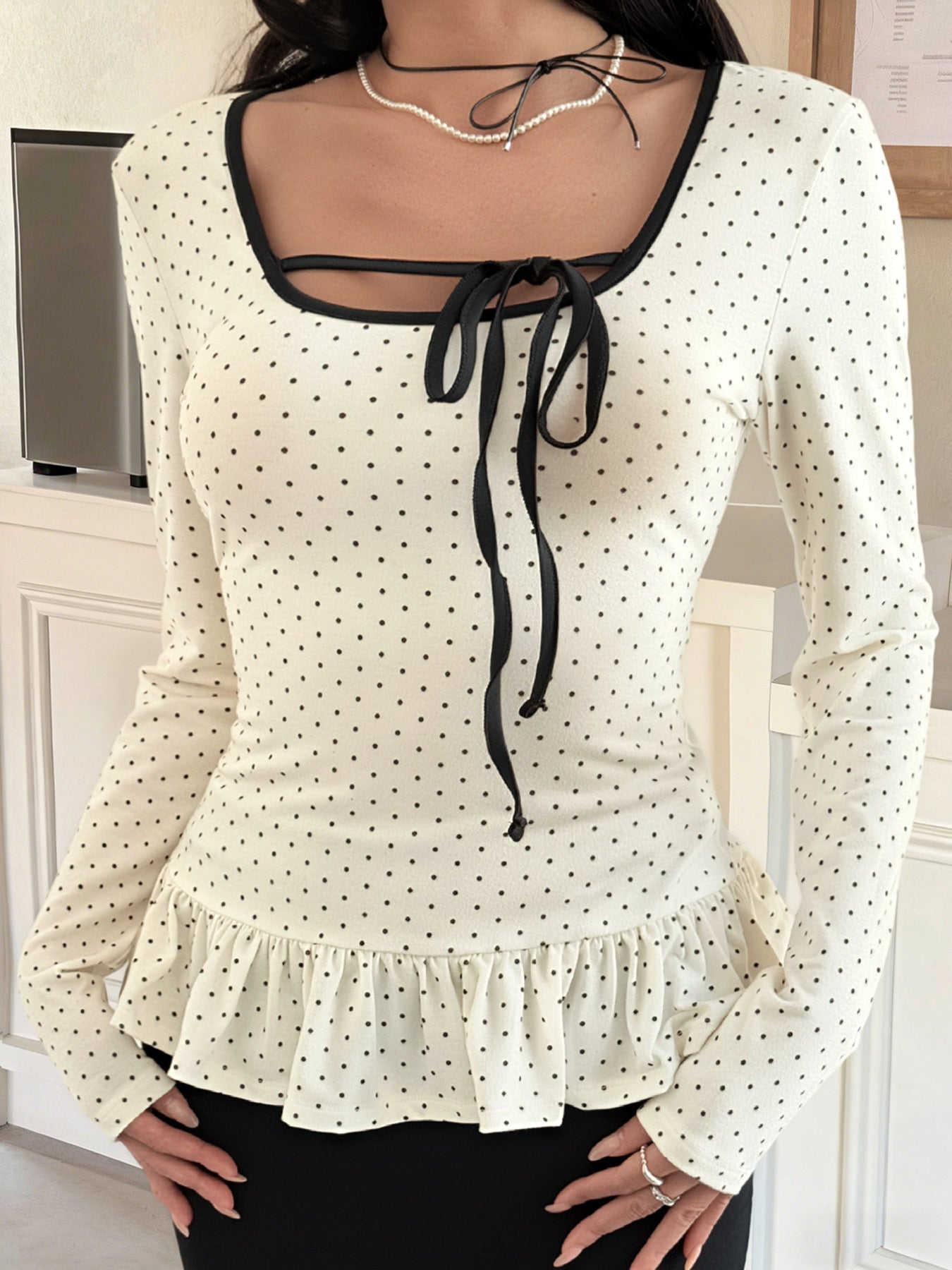 Polka Dot Ruffle Trim Tie Front Long Sleeve Top