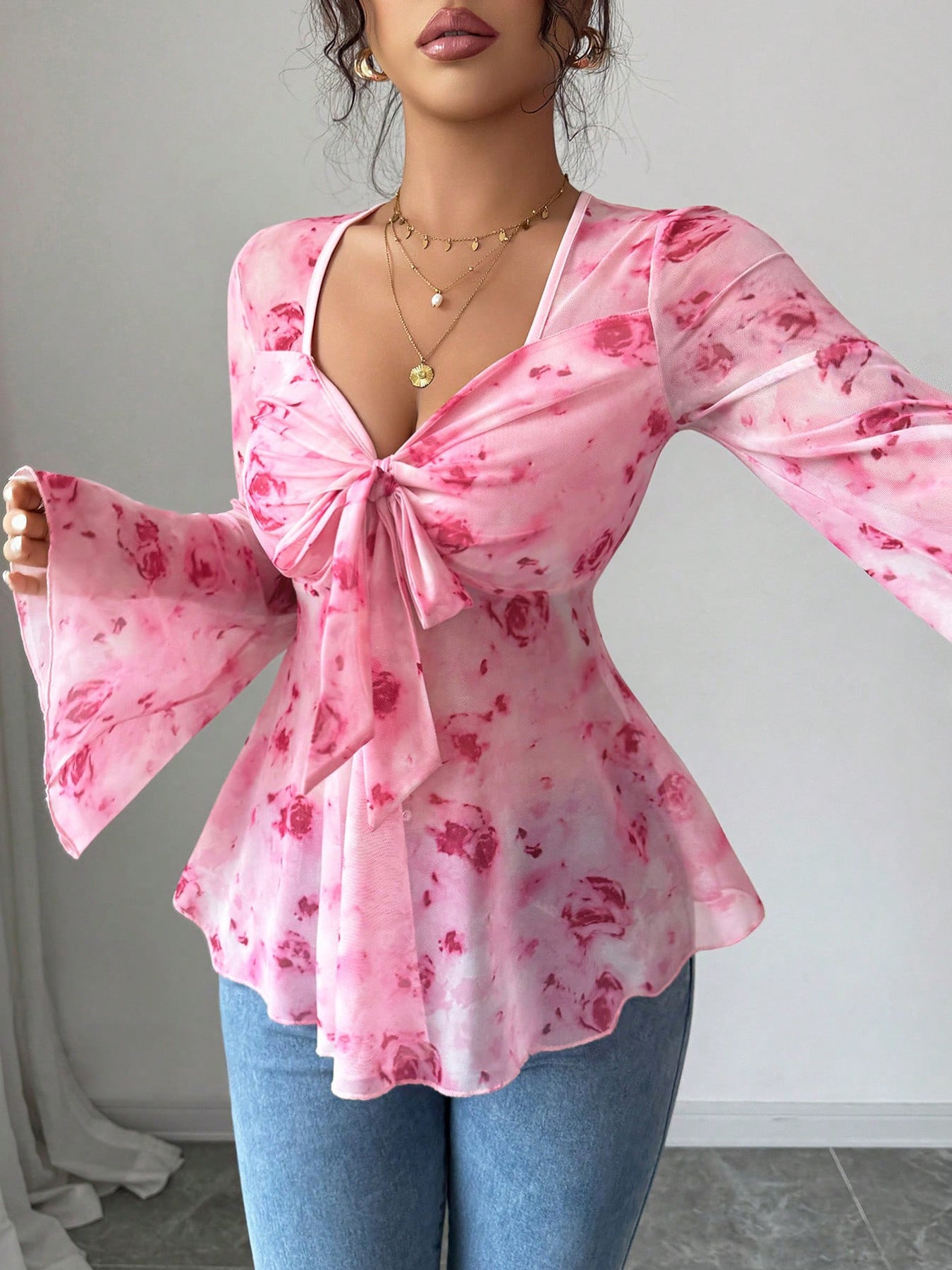 Floral Print Tie Front Chiffon Flare Sleeve Blouse