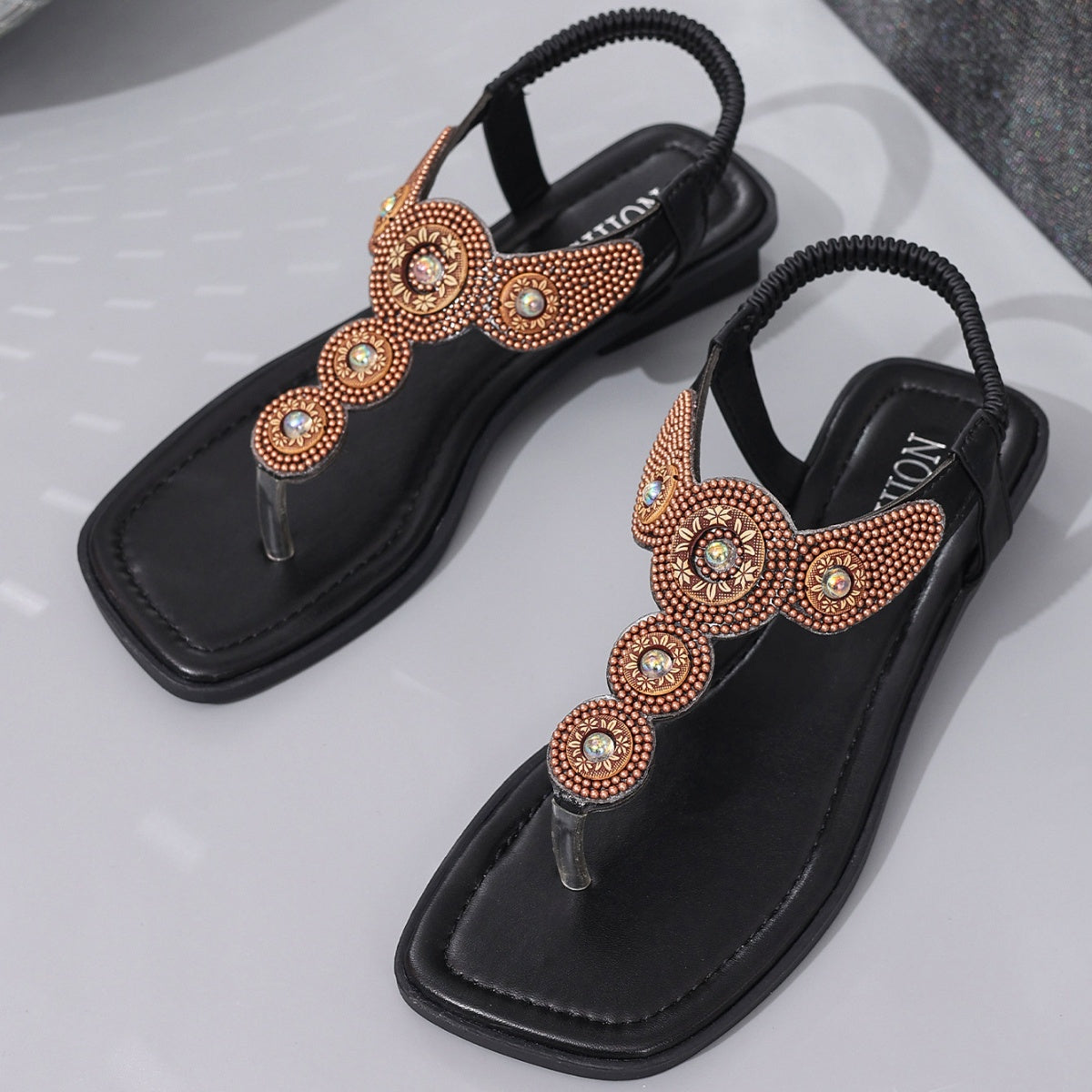Beaded T Strap Flat Sandals