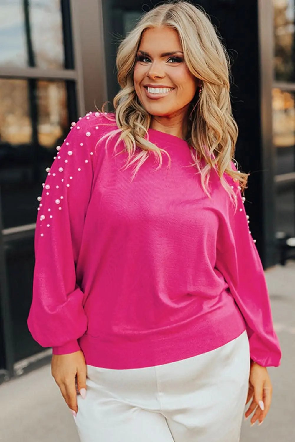 Sweaters Love Salve Strawberry Pink Plus Size Women's Sweater: Casual, Pearled Decor
