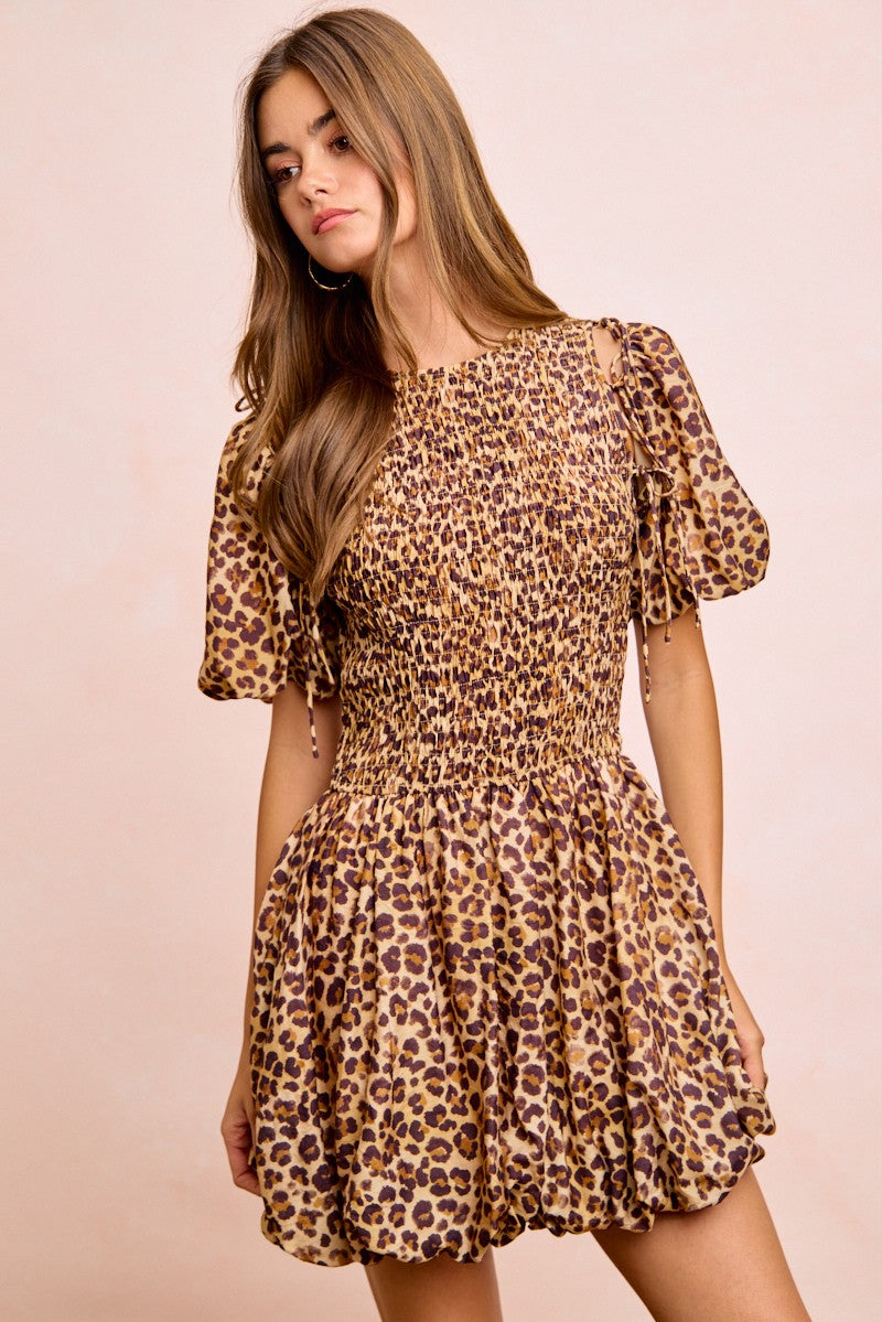 Leopard Print Dress With Attachable Puff Sleeves