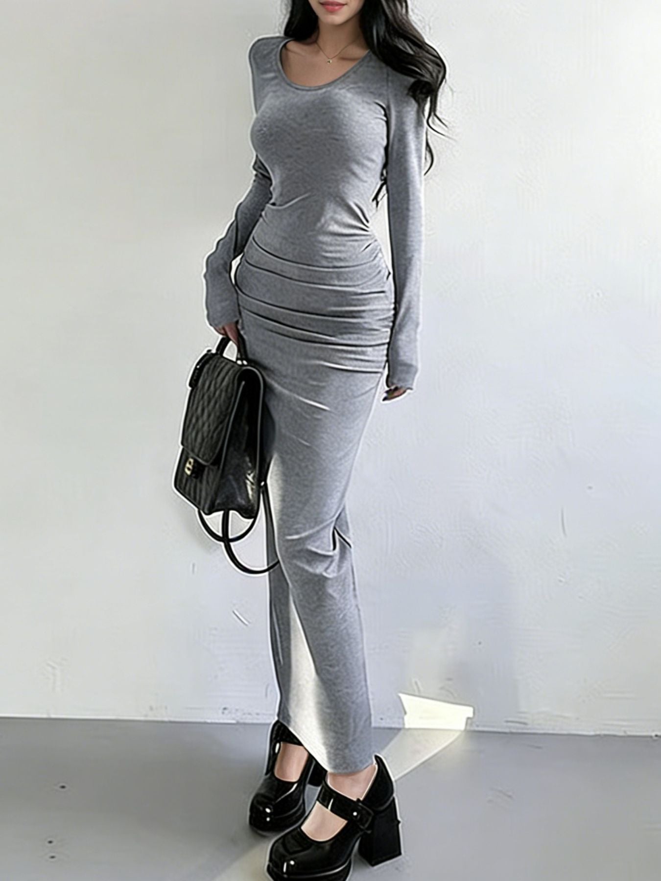 Ruched Slit Long Sleeve Bodycon Maxi Dress