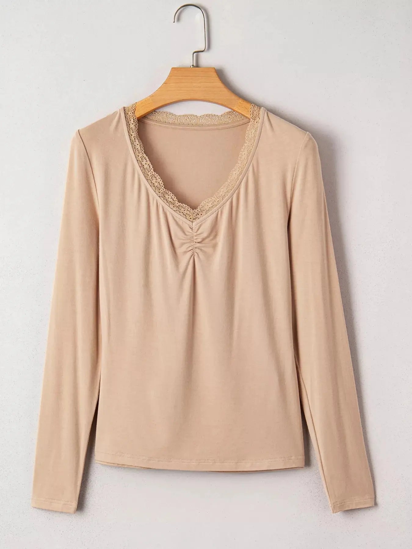 Lace-Trimmed Ruched Detail Long Sleeve T Shirt