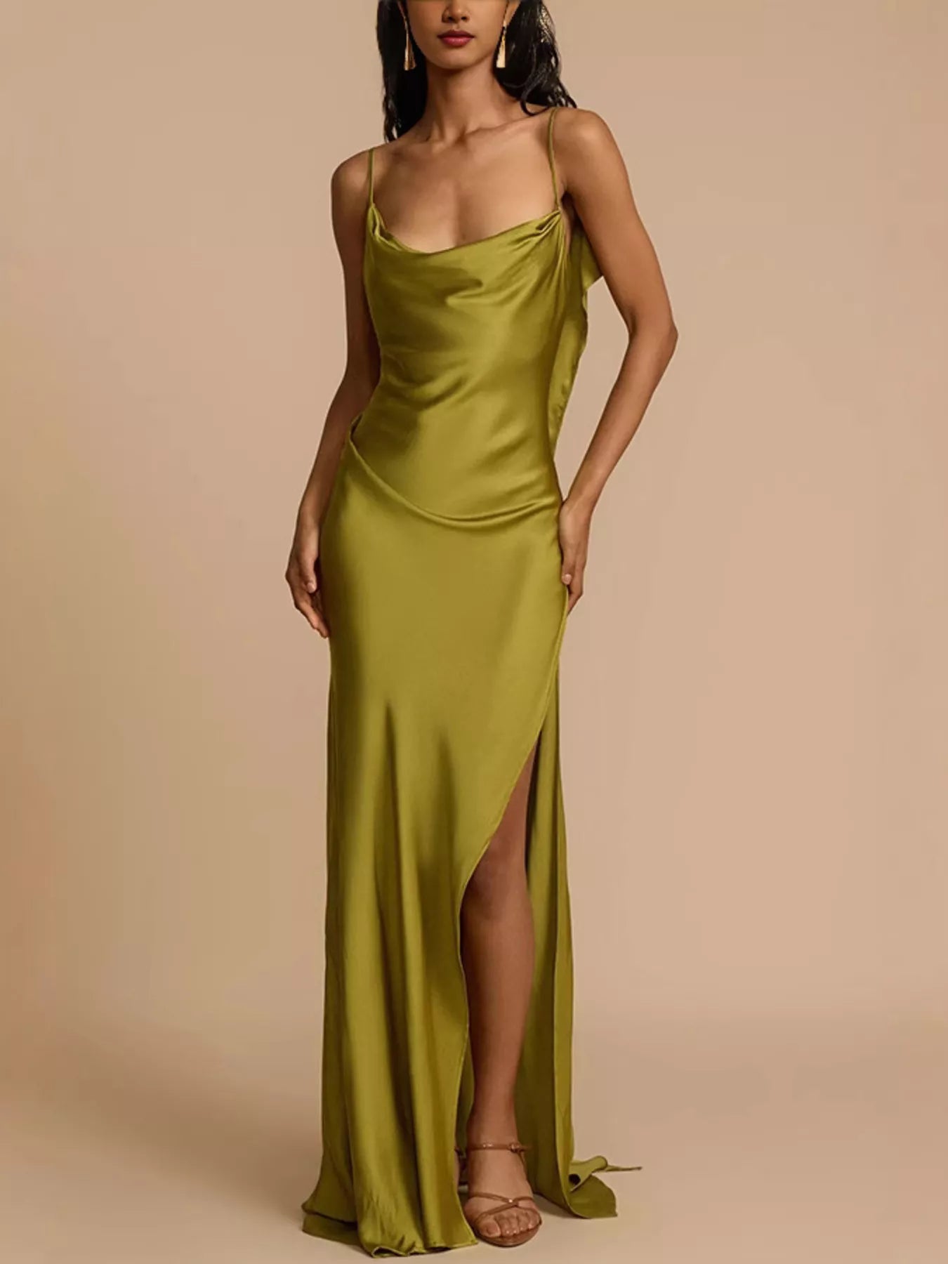 Satin Cowl Neck Slit Maxi Dress