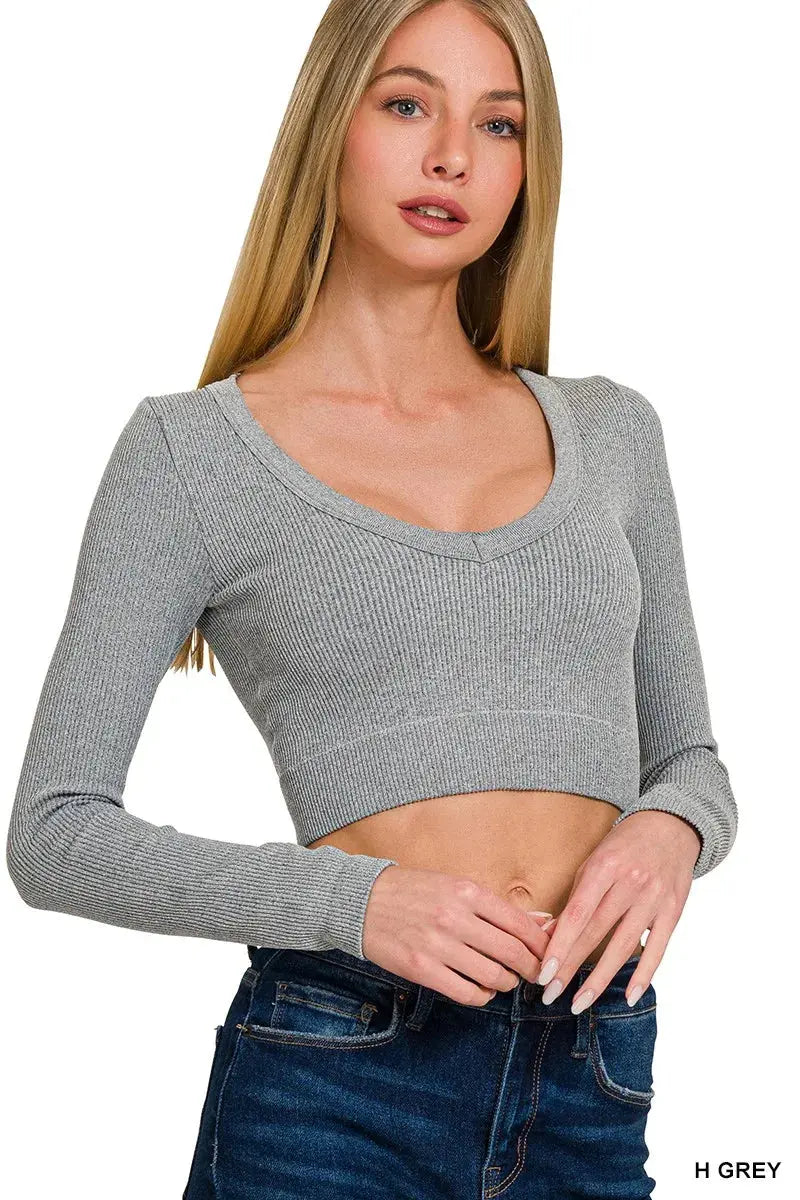 Trendsi Ribbed Crop Top V-Neck Long Sleeve | Fitted Tee