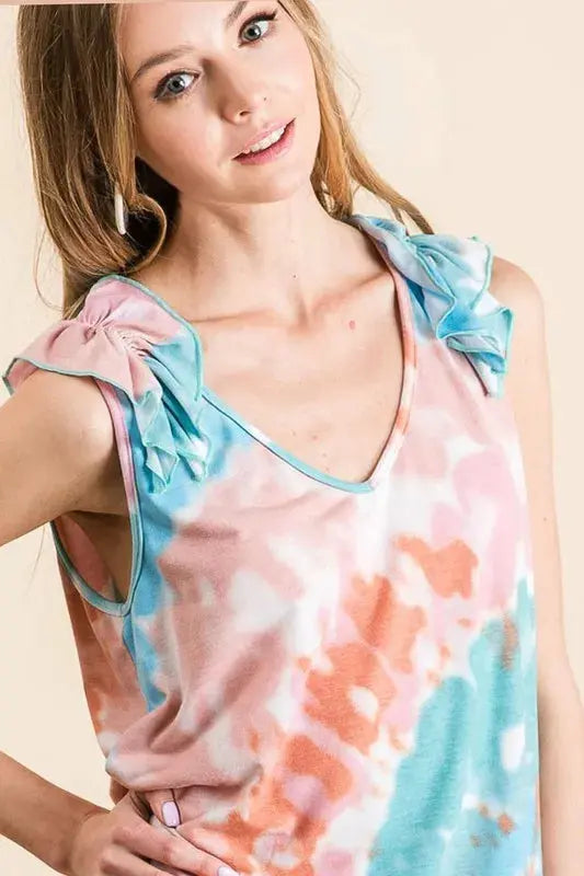 Women's Tank Top - Tie Dye Knit V-Neck Ruffle - Casual