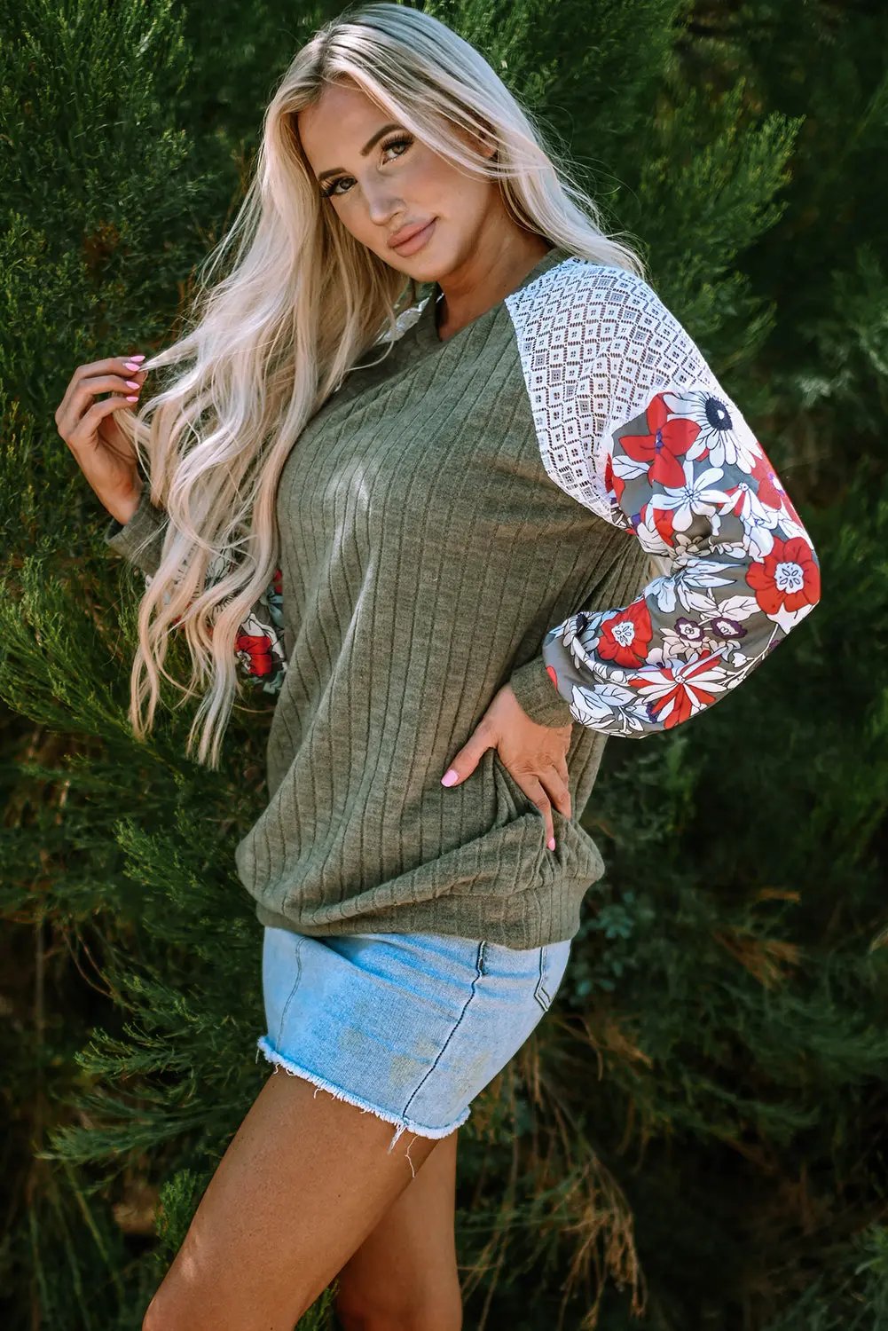 Women's Blouse Blouse - Patchwork Ribbed Long Sleeve Floral Top