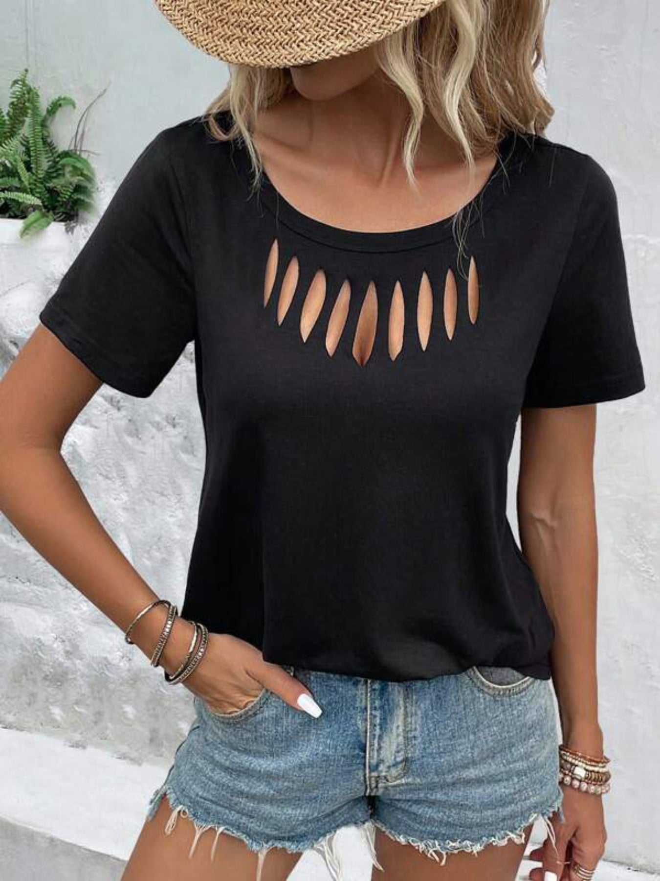 Women's Black Cutout T Shirt