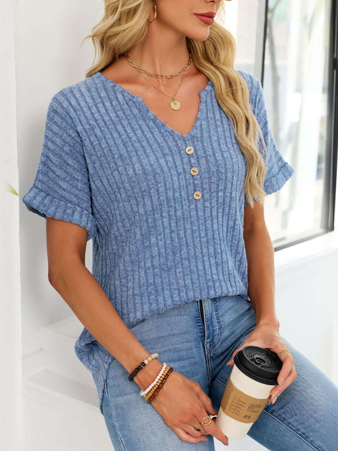 Women's Ribbed Knit Button V Neck Short Sleeve T Shirt
