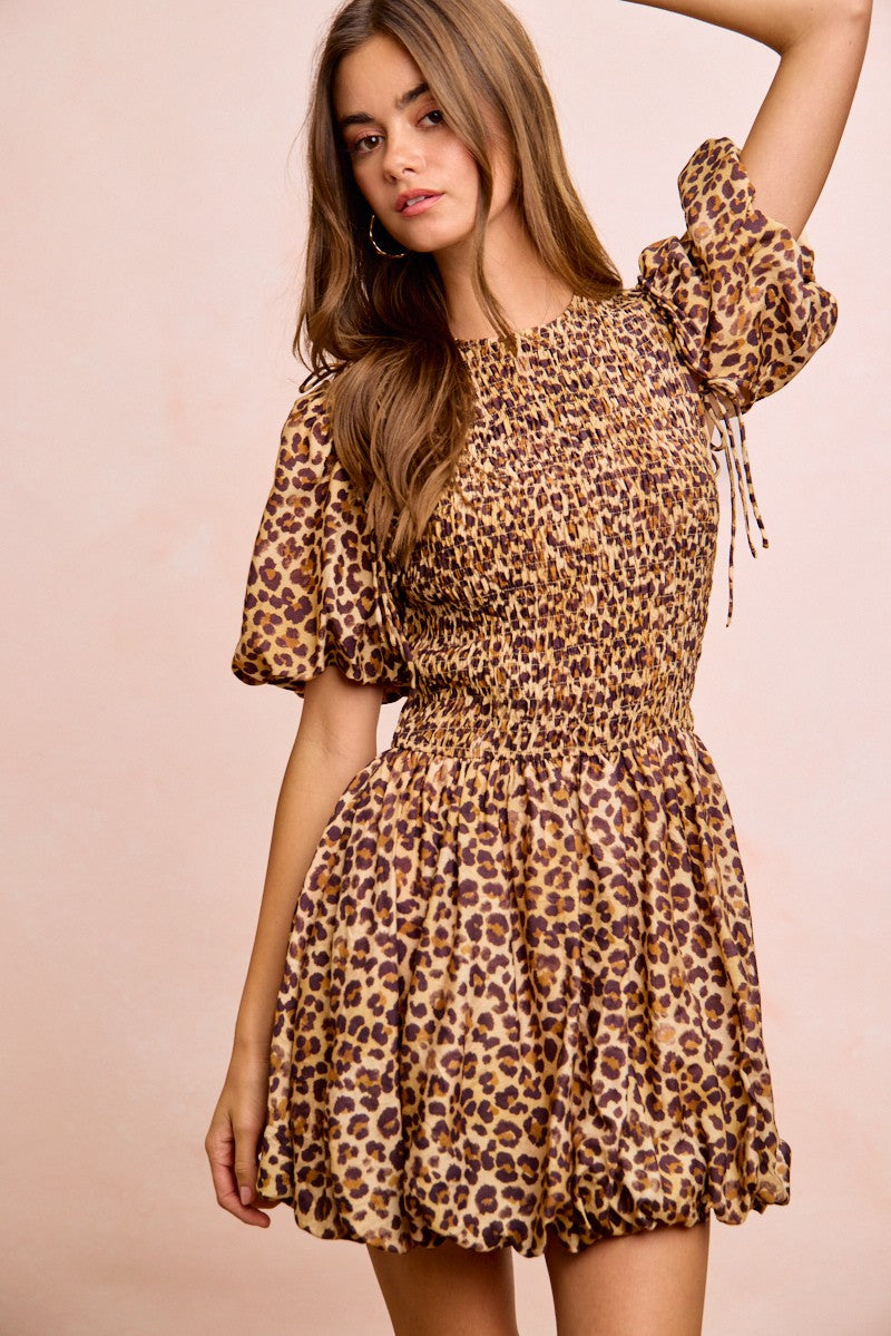 Leopard Print Dress With Attachable Puff Sleeves