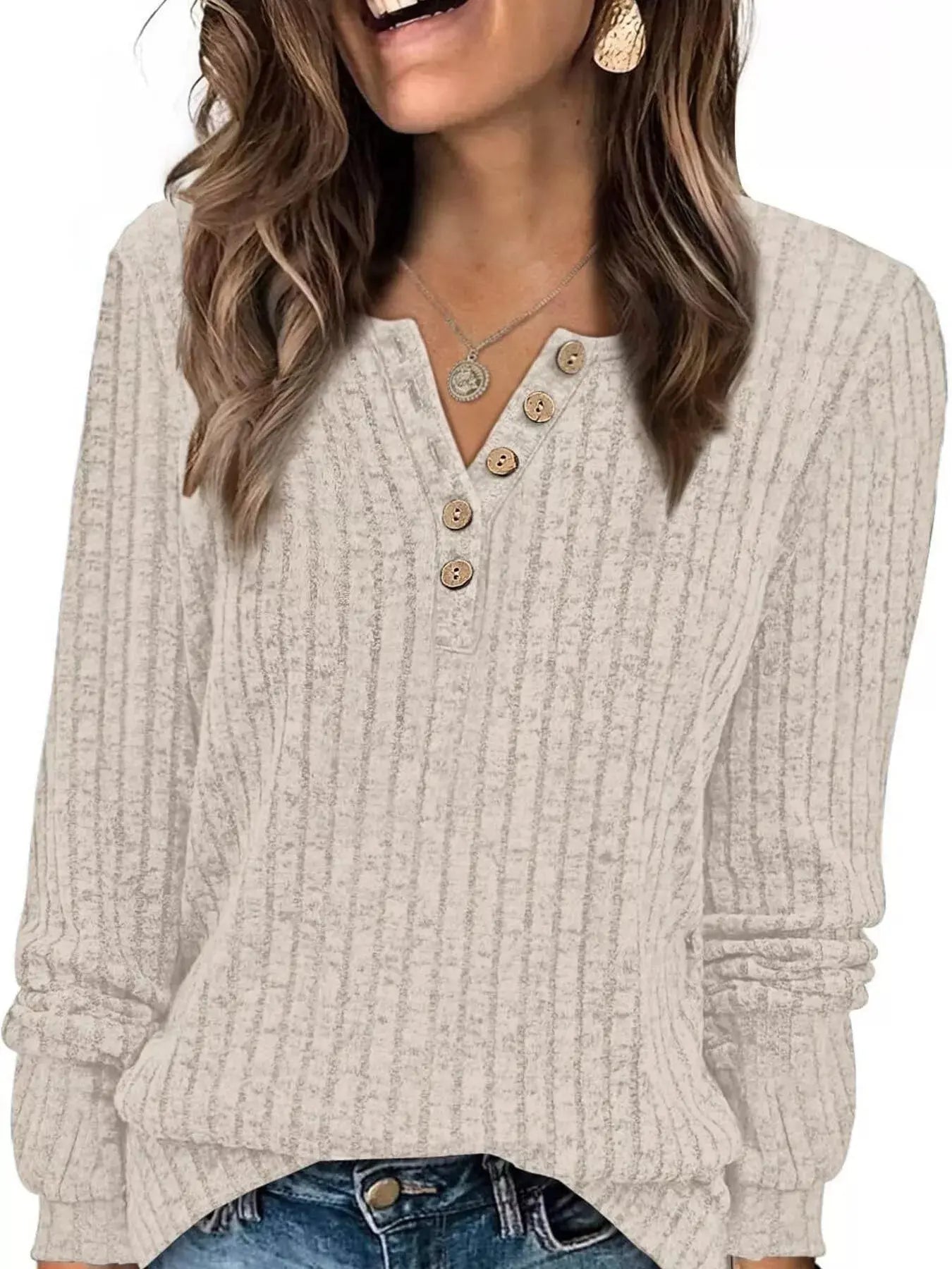 Ribbed Knit Button Front Long Sleeve T Shirt