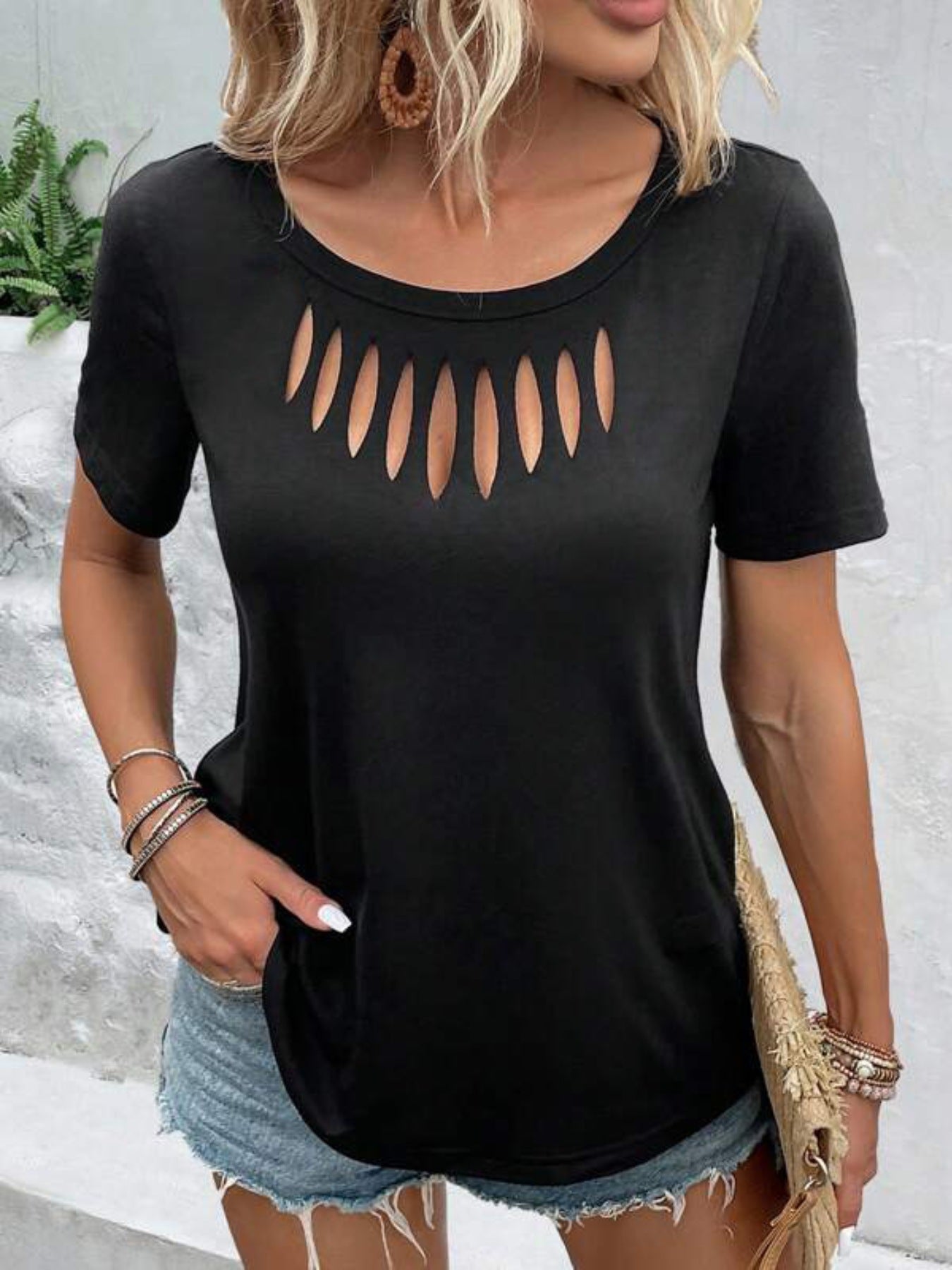 Women's Black Cutout T Shirt